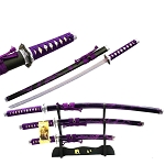 Purple 3 Pcs Bushido Dragon Samurai Katana Sword Set with Stand