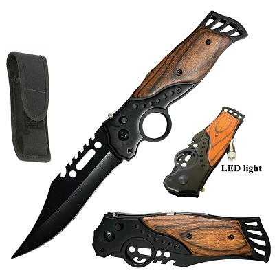 Automatic Black Stainless Steel Clip Point Switchblade Knife with LED Light