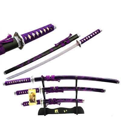 Purple 3 Pcs Bushido Dragon Samurai Katana Sword Set with Stand